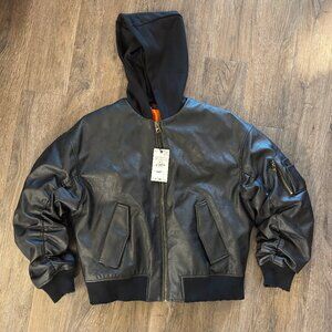 Zara Oversized Faux Leather Hooded Bomber, Medium